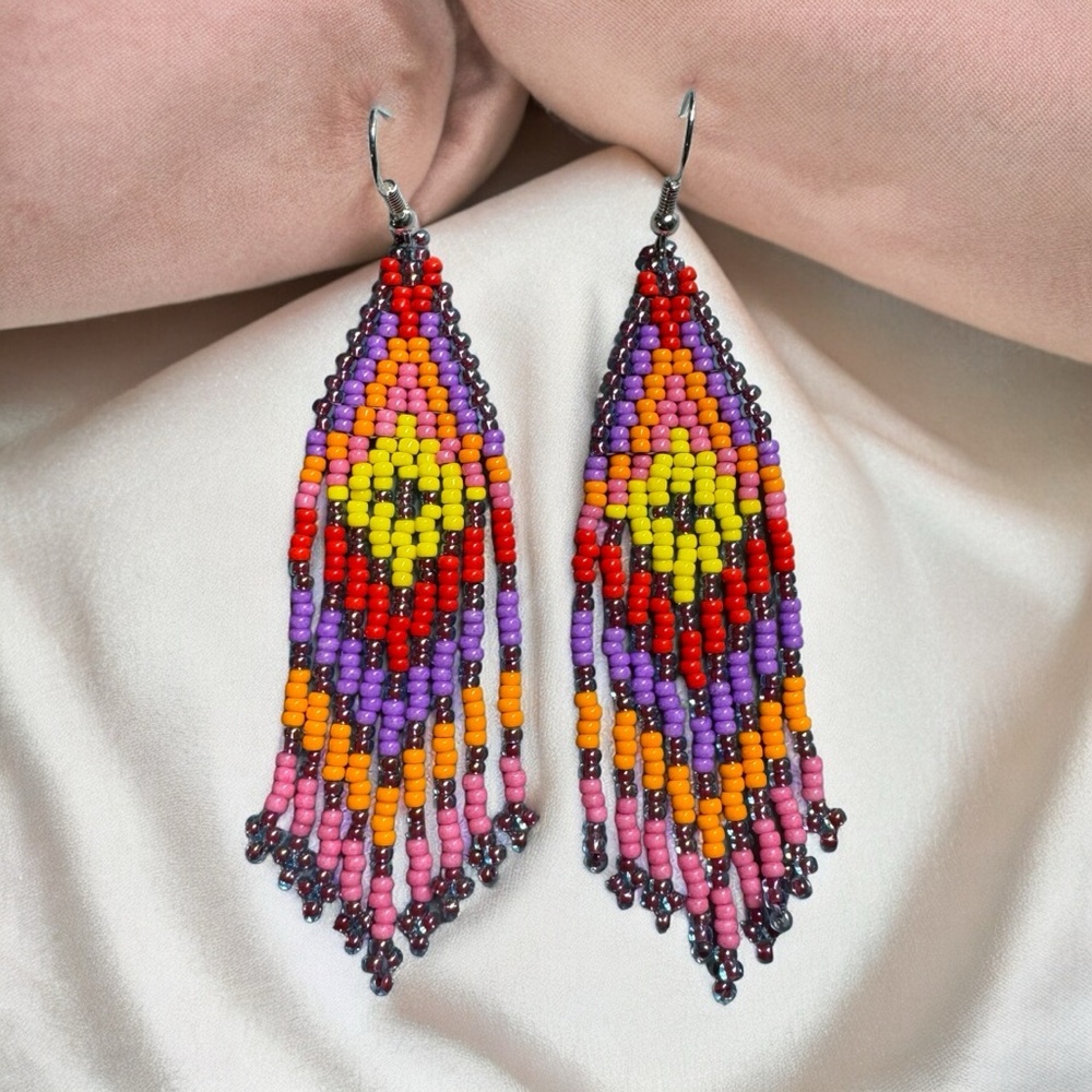 Seed Bead Beaded Earrings Native American Themed Handmade Colorful 3.5” Long